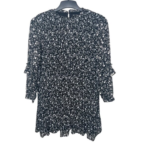 Zara Basic Black & White Floral Pleated Mini Dress Long Sleeves XS - Picture 3 of 15